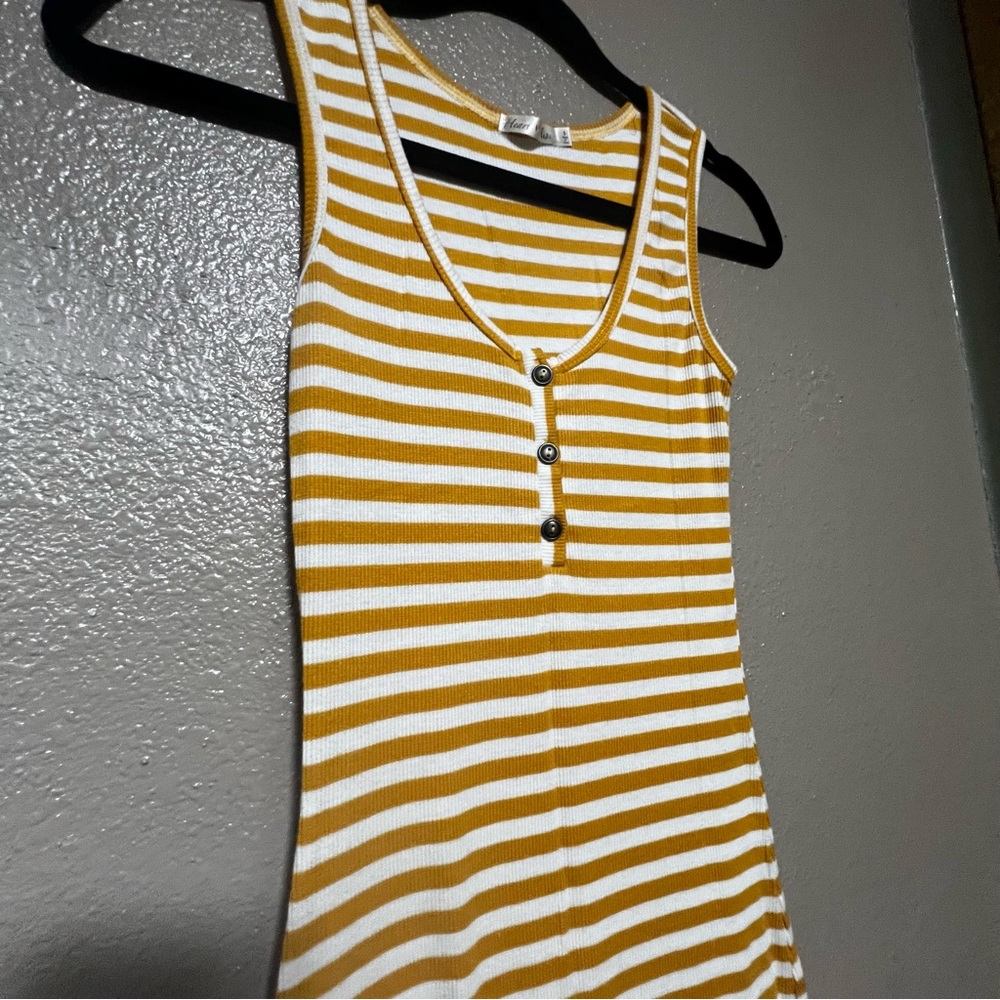 Heart Hips Ribbed White and Yellow Sleeveless Stretch Midi Dress Vacation Summer - Picture 4 of 5